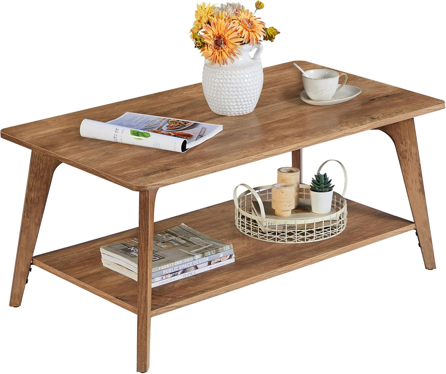 VASAGLE 2-Tier Coffee Table for Living Room, Rectangular Living Room Table, with PVC Rattan Storage Shelf, Rounded Corners, Easy Assembly, Boho Style, 21.7 x 39.4 x 17.7 Inches, Oak Beige ULCT240Y57