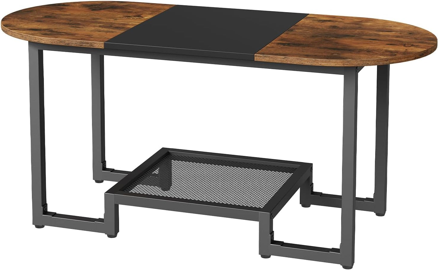 HOOBRO Coffee Table, Oval Small Coffee Table with 2-Tier Storage Shelf, Narrow Modern Center Table for Small Spaces, Living Room, Bedroom, Office, Rustic Brown and Black BFK12KF01