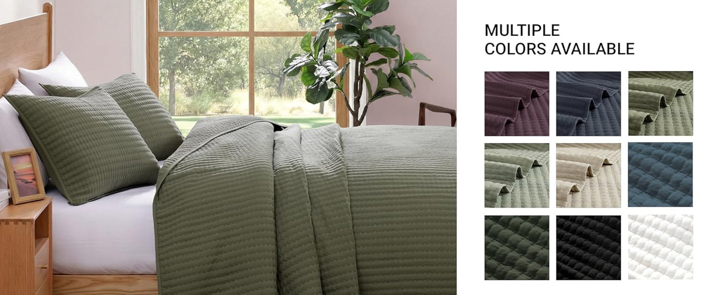 Queen Quilt-3 Pieces Lightweight Bedspreads Olive Green Queen Size Quilt Bedding Set for All Seasons, Soft Summer Coverlet with 2 Pillow Shams Suitable for Bed & Couch