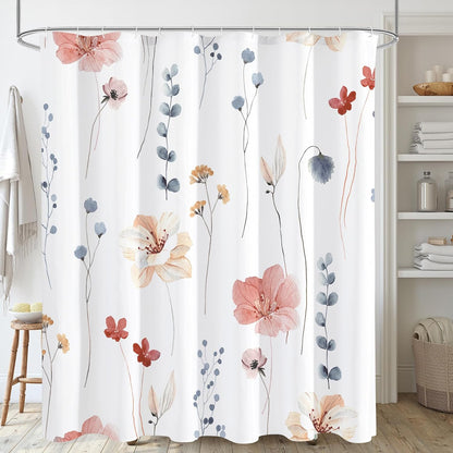 Watercolor Floral Shower Curtain, Sage Green Beige Flower Shower Curtain for Bathroom, Modern Minimalist White Waterproof Fabric Shower Curtain Set 72x72 Inch