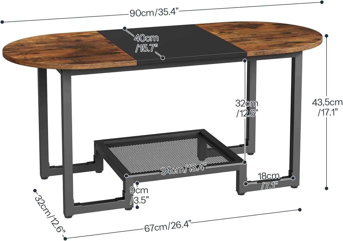 HOOBRO Coffee Table, Oval Small Coffee Table with 2-Tier Storage Shelf, Narrow Modern Center Table for Small Spaces, Living Room, Bedroom, Office, Rustic Brown and Black BFK12KF01