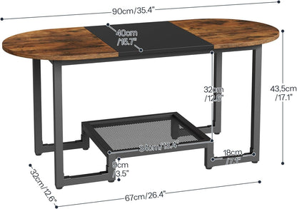 HOOBRO Coffee Table, Oval Small Coffee Table with 2-Tier Storage Shelf, Narrow Modern Center Table for Small Spaces, Living Room, Bedroom, Office, Rustic Brown and Black BFK12KF01