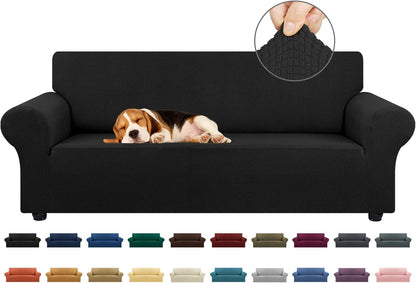 Stretch Sofa Cover Slipcover ，Couch Covers for 3 Cushion Couch Sofa pet Friendly (78"-94") Furniture Protector Sofa with Elastic Bottom for Kids,Dog, Jacquard Small Checked(Large,Black)