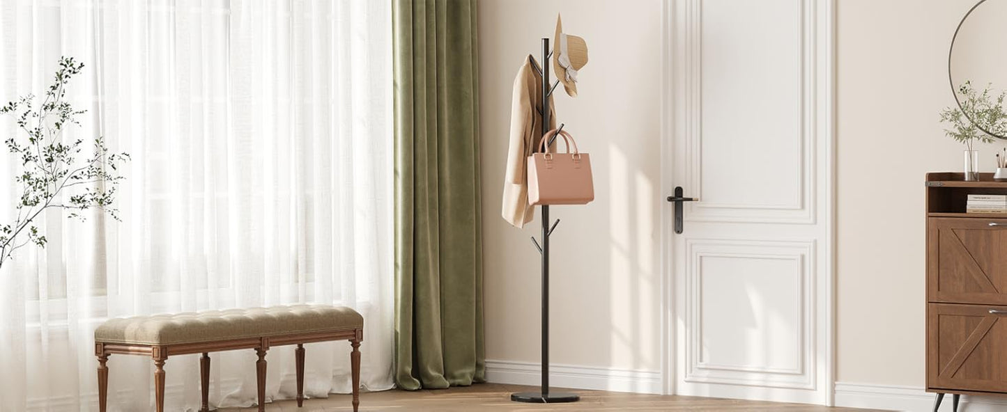 Coat Rack Freestanding with Natural Marble Base, Metal Coat Rack Stand with 10 Hooks, 3 Adjustable Size Coat Tree for Bags, Clothes, and Hats for Entryway, Bedroom, Hallway, Office, Black