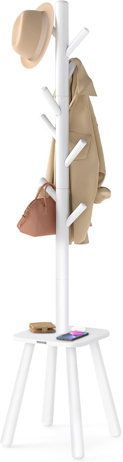 Coat Rack, Free Standing Coat Stand, Hall Coat Tree with 8 Hooks and Storage Shelf, 67.2 Inch Tall, for Coats, Hats, Bags, for Entryway, Hallway, Bedroom, Caramel Brown URCR040K01