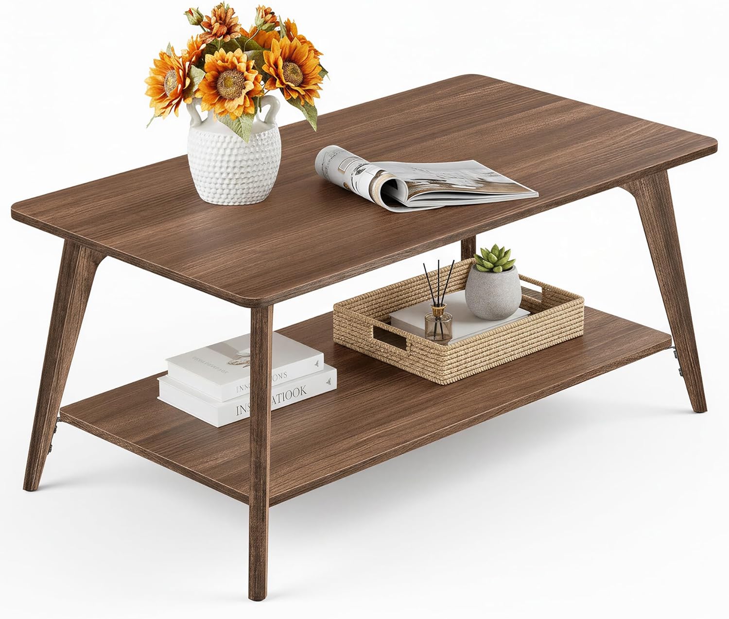 VASAGLE 2-Tier Coffee Table for Living Room, Rectangular Living Room Table, with PVC Rattan Storage Shelf, Rounded Corners, Easy Assembly, Boho Style, 21.7 x 39.4 x 17.7 Inches, Oak Beige ULCT240Y57