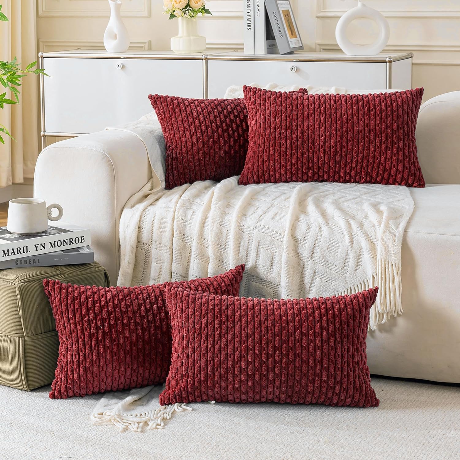 Set of 4 Neutral Decorative Throw Pillow Covers 18x18 Inch Corduroy Pillow Covers for Bed Couch Sofa Living Room Soft Square Cushion Cases
