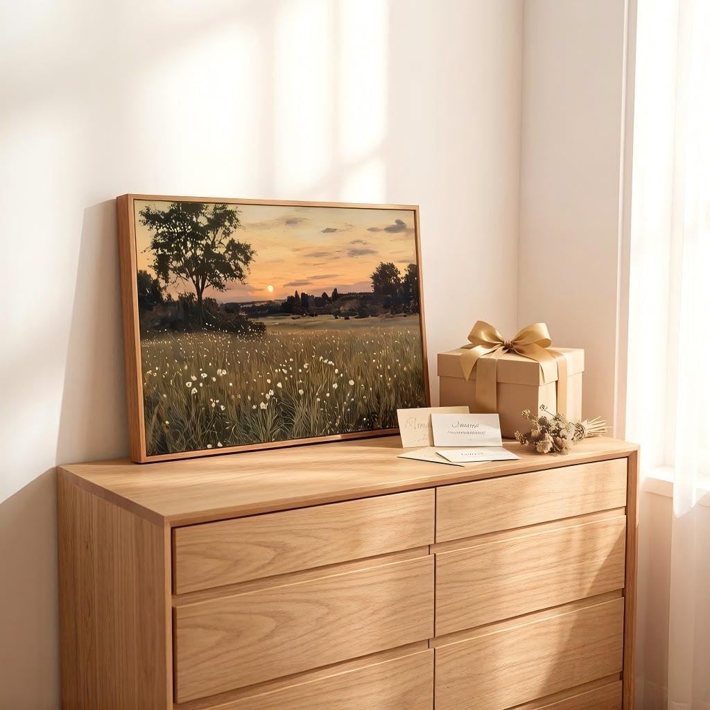 Framed Rustic Farmhouse Wildflowers Wall Art Vintage Wildflower Field Landscape Painting Retro Country Sunset Prints Wall Decor Classical Flower Landscape Painting for Living Room Bedroom 12x16 Inch