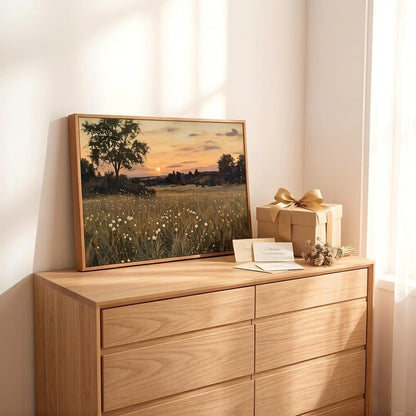 Framed Rustic Farmhouse Wildflowers Wall Art Vintage Wildflower Field Landscape Painting Retro Country Sunset Prints Wall Decor Classical Flower Landscape Painting for Living Room Bedroom 12x16 Inch