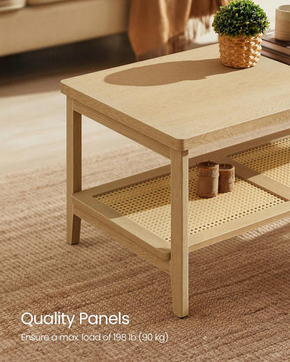 VASAGLE 2-Tier Coffee Table for Living Room, Rectangular Living Room Table, with PVC Rattan Storage Shelf, Rounded Corners, Easy Assembly, Boho Style, 21.7 x 39.4 x 17.7 Inches, Oak Beige ULCT240Y57
