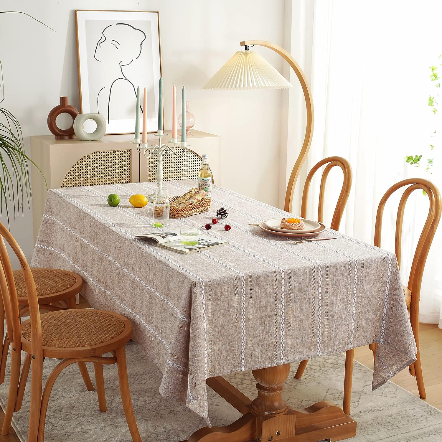 60 x 84 inches Farmhouse Style Linen tablecloths, Wrinkle Resistant Washable Dining Room Table Cloths for Rectangle Tables - Hemstitch Light Coffee