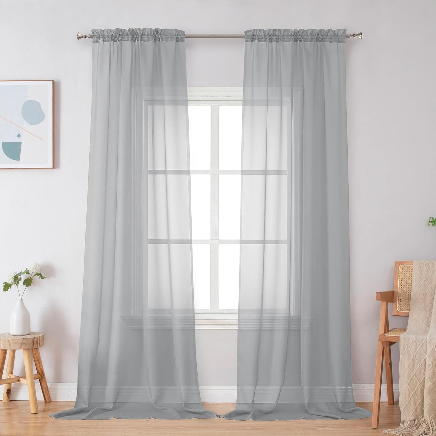 Black Sheer Curtains 63 Inch Length 2 Panels, Rod Pocket Solid Color Window Sheer Curtain Panels, Elegant Curtains & Drapes for Living Room, Bedroom 2 Panels (Black, 42" W x 63" L)