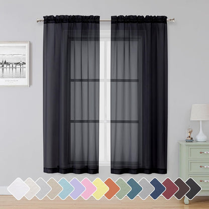 Black Sheer Curtains 63 Inch Length 2 Panels, Rod Pocket Solid Color Window Sheer Curtain Panels, Elegant Curtains & Drapes for Living Room, Bedroom 2 Panels (Black, 42" W x 63" L)