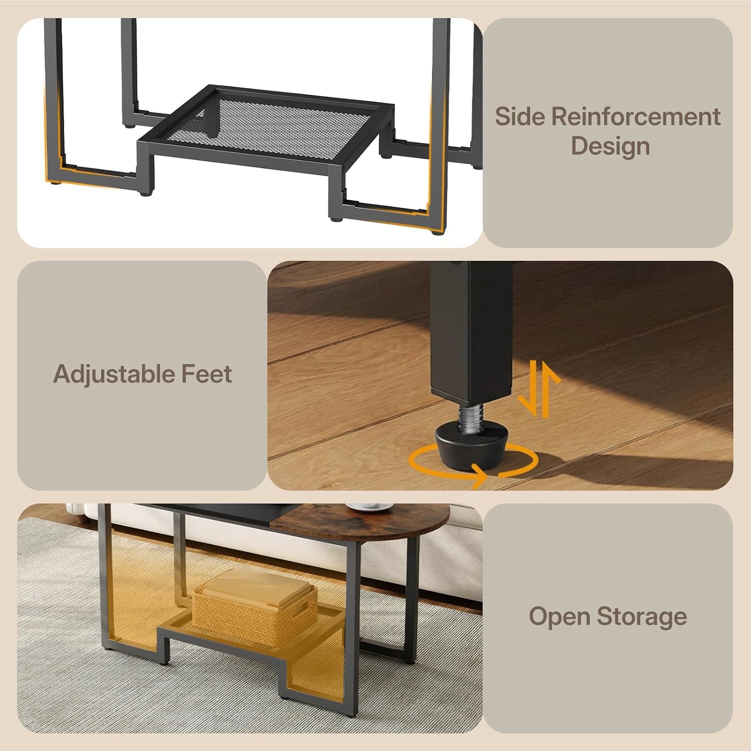 HOOBRO Coffee Table, Oval Small Coffee Table with 2-Tier Storage Shelf, Narrow Modern Center Table for Small Spaces, Living Room, Bedroom, Office, Rustic Brown and Black BFK12KF01