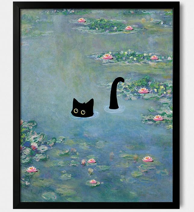 Cat Wall Art Monet Prints Vintage Canvas Wall Art Funny Cat in Water Lilies Posters for Room Bedroom Living Room Bathroom Wall Decor Aesthetic (Size: 8''x10''x1pcs)