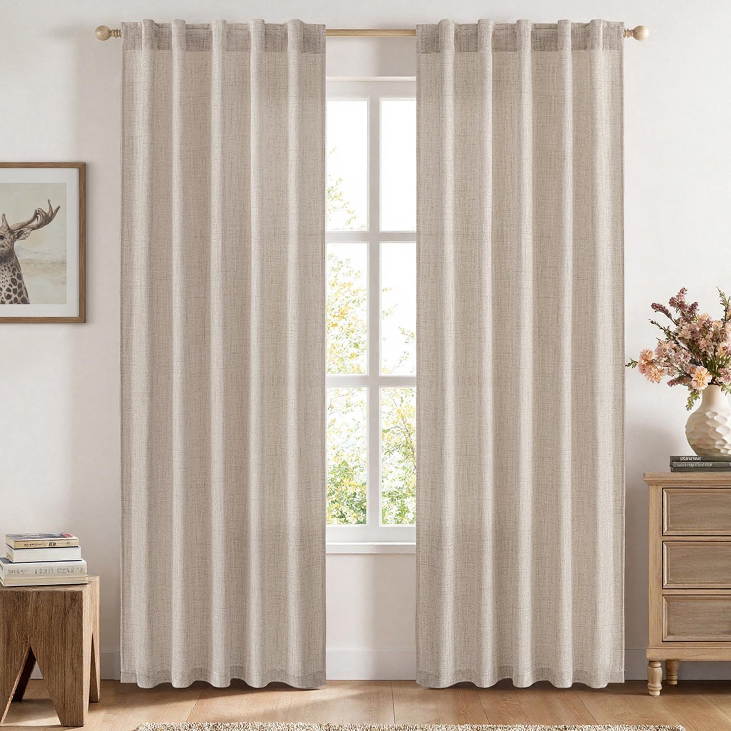 Linen Curtains 84 Inch Length 2 Panels Natural Semi Sheer Curtain with Back Tab Rod Pocket, Light Filtering Window Privacy Burlap Drapes for Living Room Bedroom 42W x 84L Linen