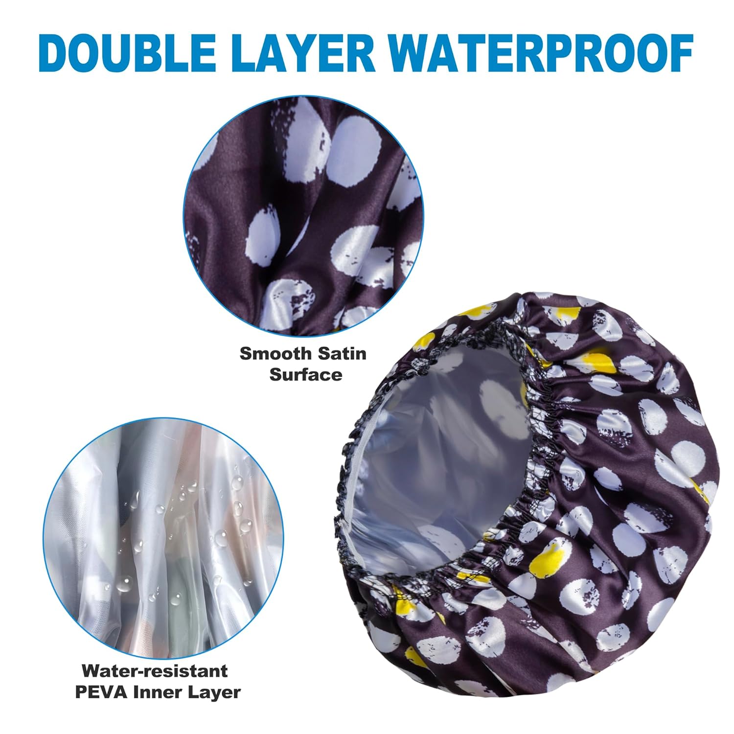 Shower Cap for Women Set of 4, Bath Caps, Double Layers Hair Caps + 2 Satin Hair Scrunchies, Reusable Waterproof Shower Caps, Elastic Hair Cap for Shower - Pattern A