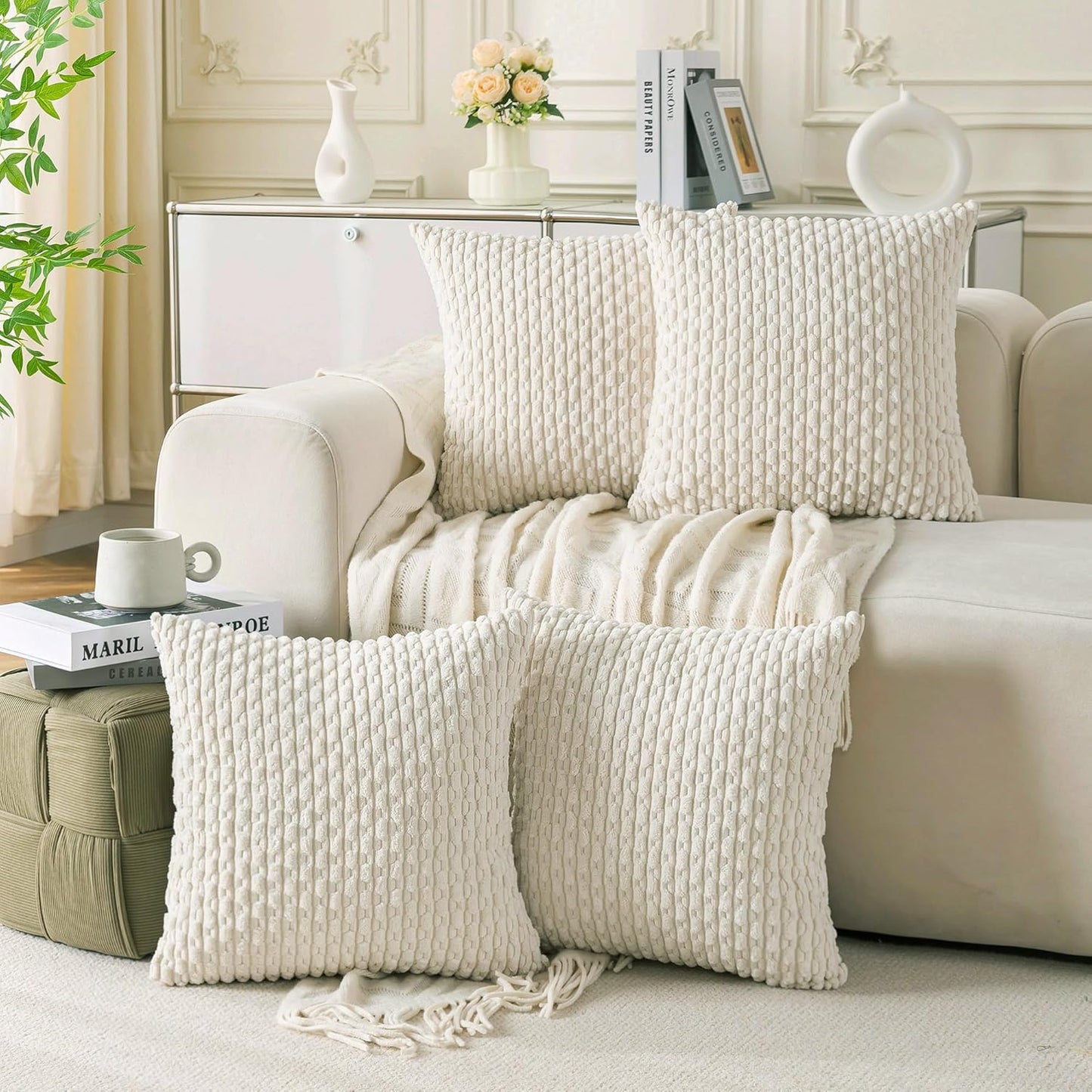Set of 4 Neutral Decorative Throw Pillow Covers 18x18 Inch Corduroy Pillow Covers for Bed Couch Sofa Living Room Soft Square Cushion Cases