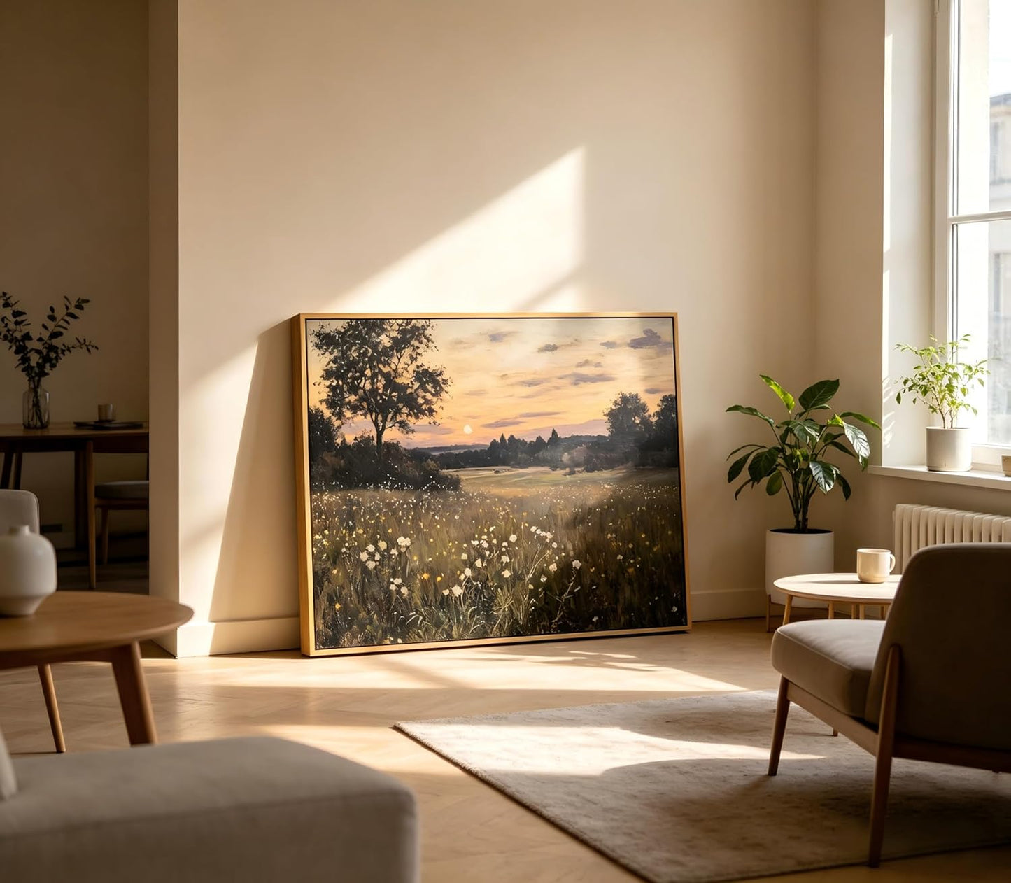 Framed Rustic Farmhouse Wildflowers Wall Art Vintage Wildflower Field Landscape Painting Retro Country Sunset Prints Wall Decor Classical Flower Landscape Painting for Living Room Bedroom 12x16 Inch