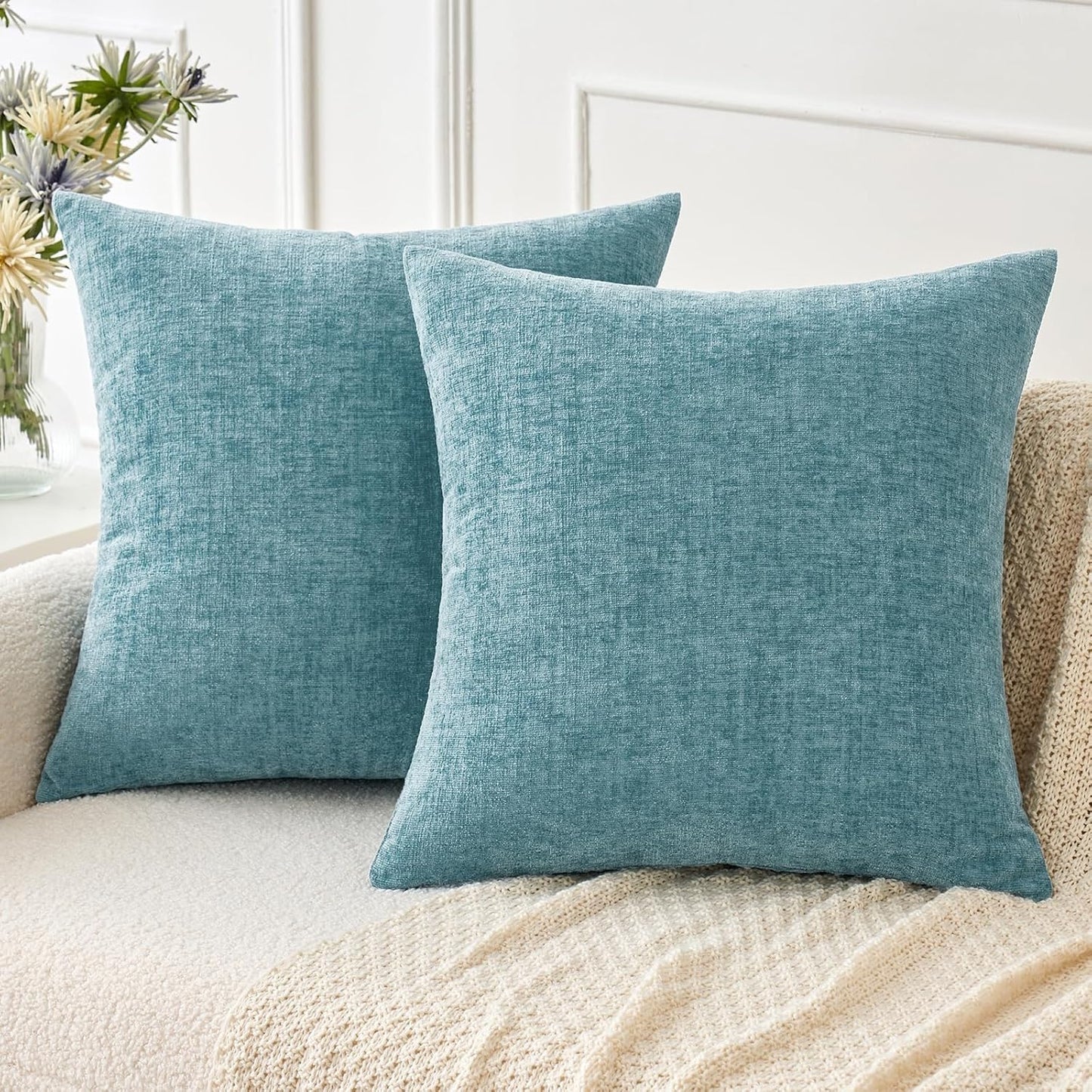 MIULEE Pack of 2 Couch Throw Pillow Covers 18x18 Inch Spring Soft Sage Green Chenille Pillow Covers for Sofa Living Room Solid Dyed Pillow Cases