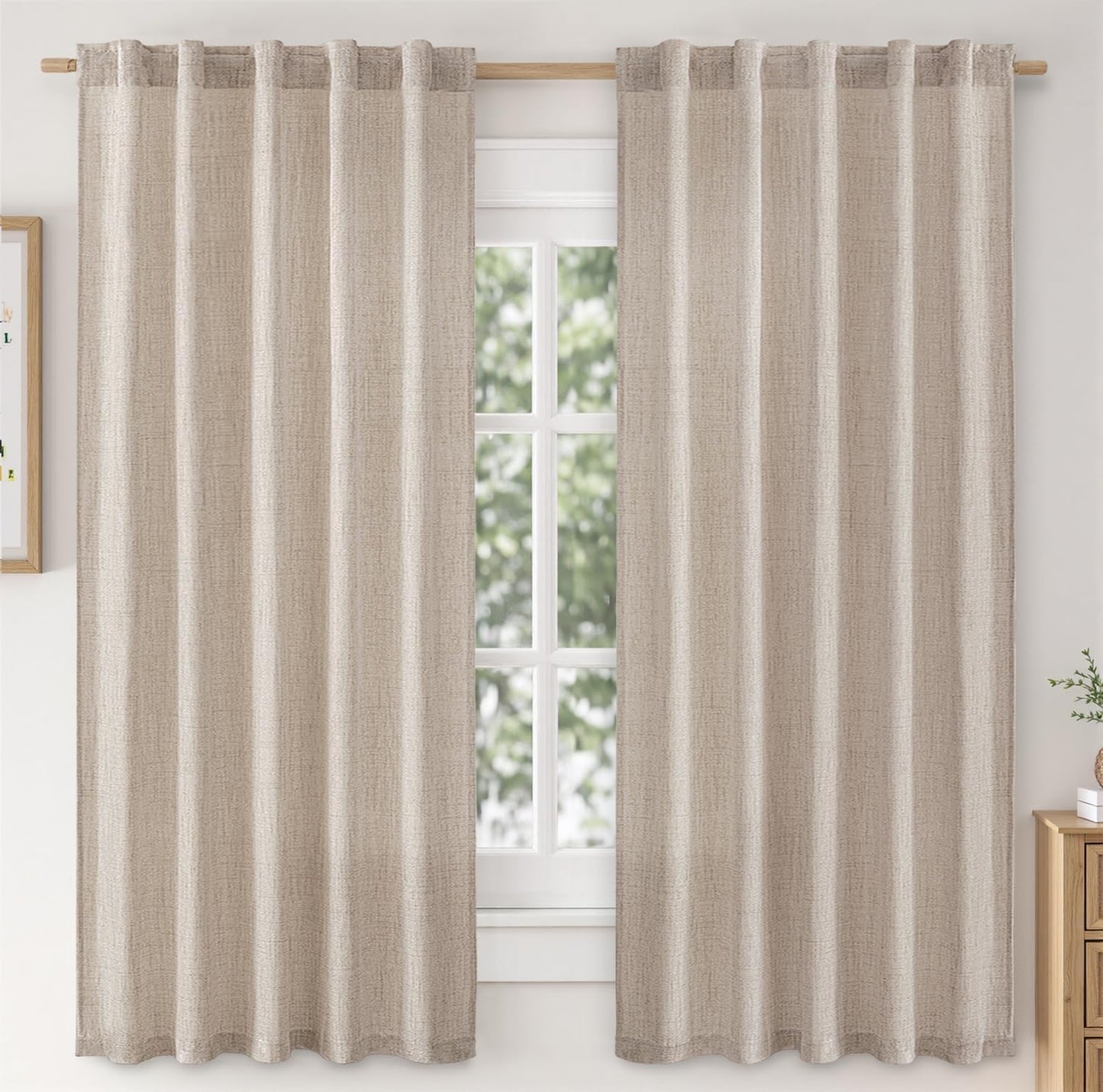 Linen Curtains 84 Inch Length 2 Panels Natural Semi Sheer Curtain with Back Tab Rod Pocket, Light Filtering Window Privacy Burlap Drapes for Living Room Bedroom 42W x 84L Linen