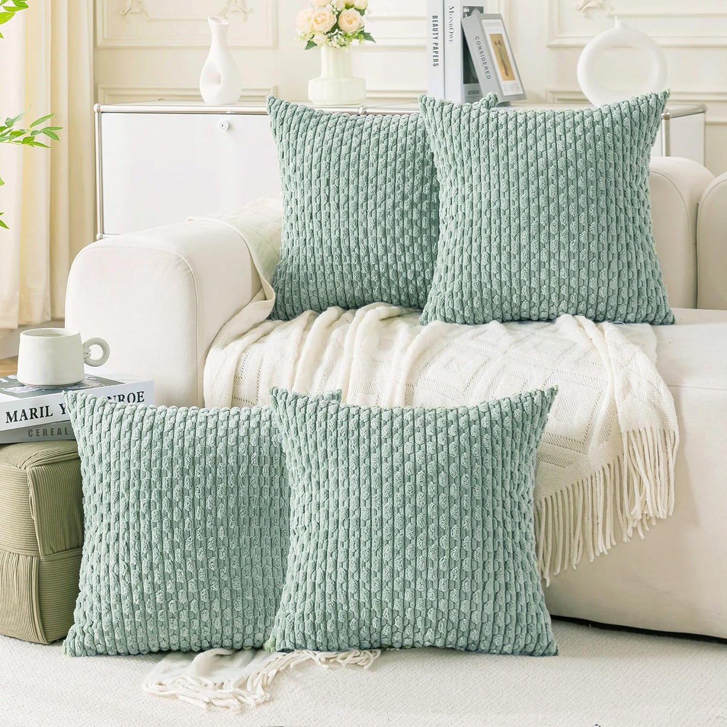 Set of 4 Neutral Decorative Throw Pillow Covers 18x18 Inch Corduroy Pillow Covers for Bed Couch Sofa Living Room Soft Square Cushion Cases
