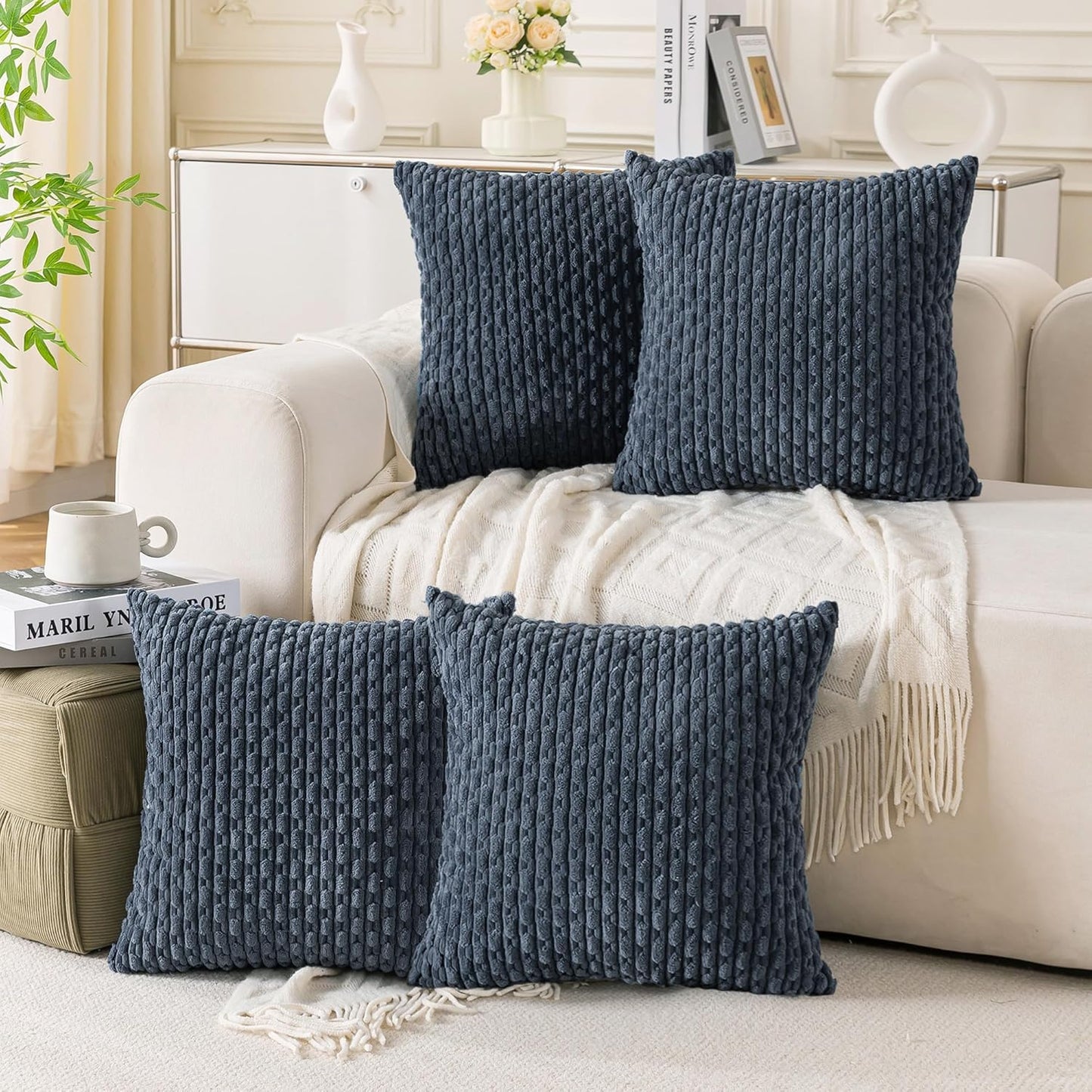 Set of 4 Neutral Decorative Throw Pillow Covers 18x18 Inch Corduroy Pillow Covers for Bed Couch Sofa Living Room Soft Square Cushion Cases