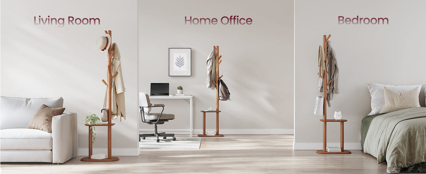 Coat Rack, Free Standing Coat Stand, Hall Coat Tree with 8 Hooks and Storage Shelf, 67.2 Inch Tall, for Coats, Hats, Bags, for Entryway, Hallway, Bedroom, Caramel Brown URCR040K01