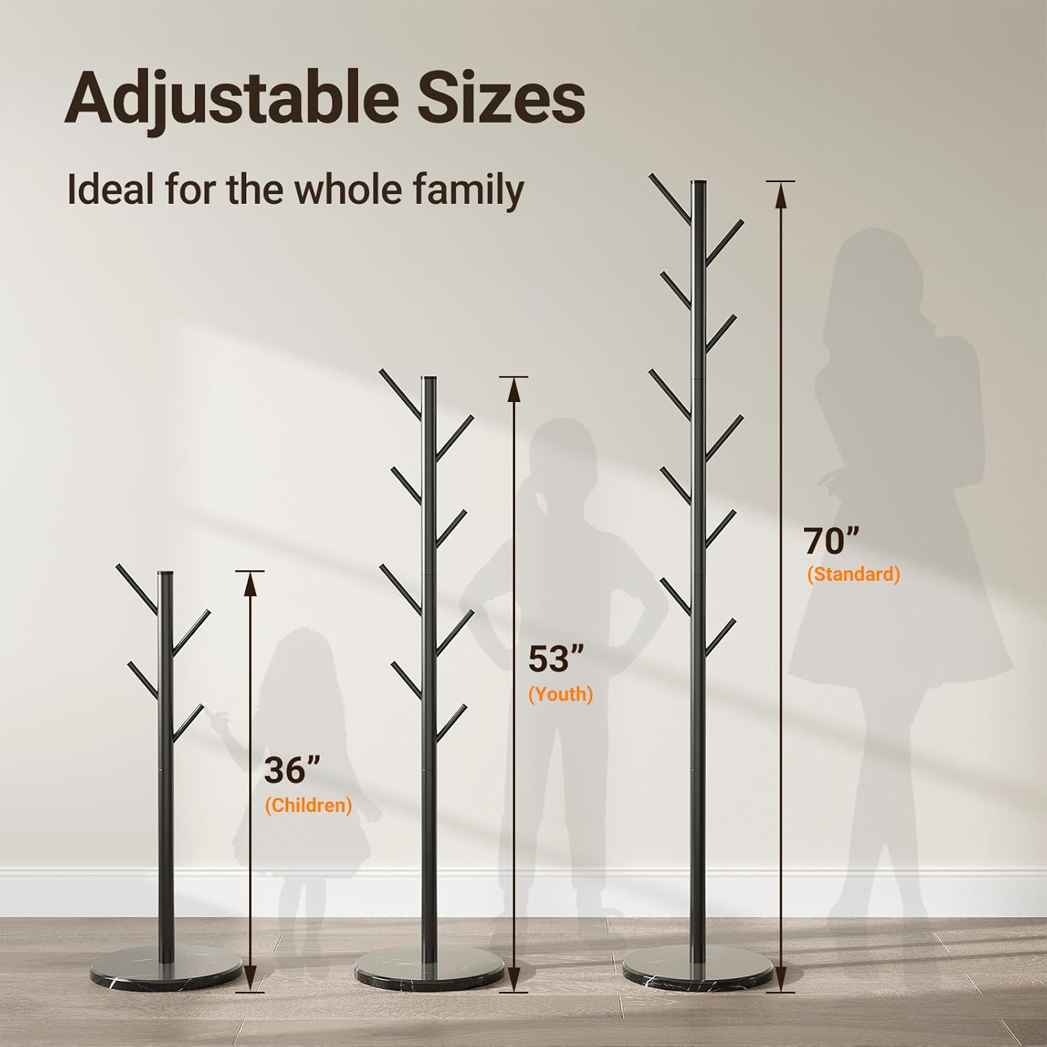 Coat Rack Freestanding with Natural Marble Base, Metal Coat Rack Stand with 10 Hooks, 3 Adjustable Size Coat Tree for Bags, Clothes, and Hats for Entryway, Bedroom, Hallway, Office, Black