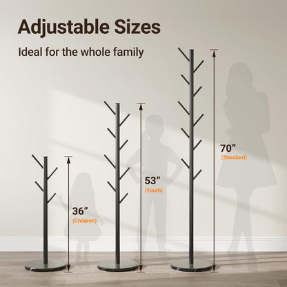 Coat Rack Freestanding with Natural Marble Base, Metal Coat Rack Stand with 10 Hooks, 3 Adjustable Size Coat Tree for Bags, Clothes, and Hats for Entryway, Bedroom, Hallway, Office, Black