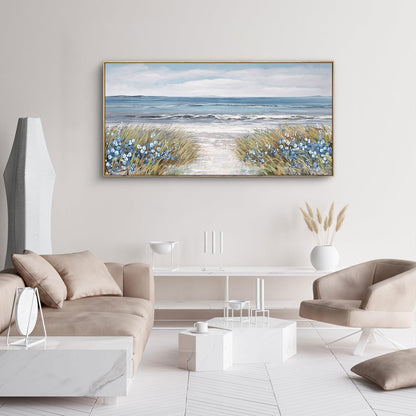 Framed Wall Art for Living Room Decor - Farmhouse Boho Beach Coastal Vintage Floral Ocean Wall Picture Flowers Sea Canvas Print Seascape Artwork for Home Living Room Bedroom Office 24x48