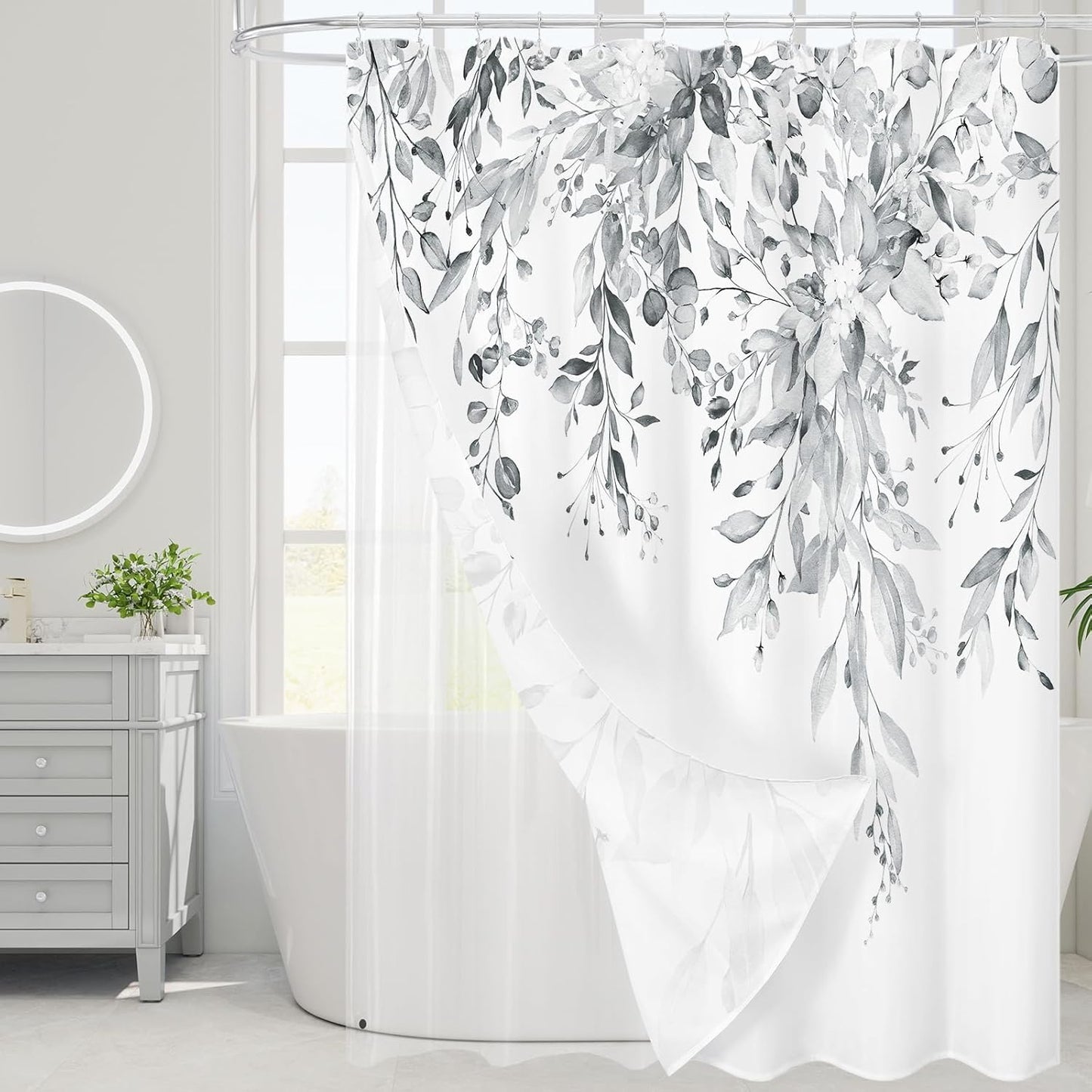 Grey Eucalyptus Shower Curtain, Watercolor Plant Leaves with Floral Bathroom Shower Curtain Set, Gray White, 72x72