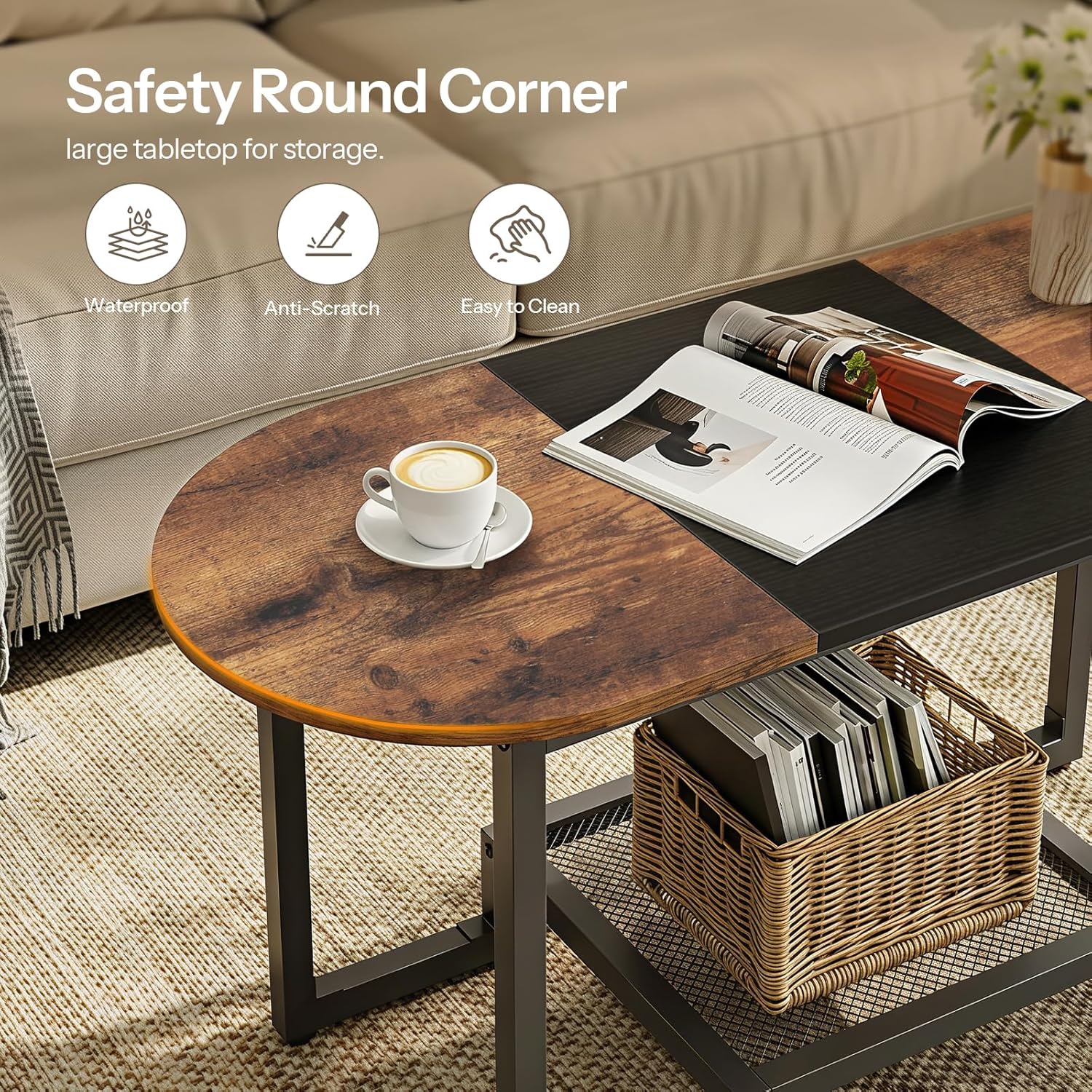 HOOBRO Coffee Table, Oval Small Coffee Table with 2-Tier Storage Shelf, Narrow Modern Center Table for Small Spaces, Living Room, Bedroom, Office, Rustic Brown and Black BFK12KF01