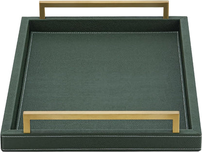 Ivory Shagreen Decorative Tray Large Rectangle Coffee Table Tray for Ottoman Faux Leather Serving Tray with Brushed Gold Handles