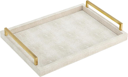 Ivory Shagreen Decorative Tray Large Rectangle Coffee Table Tray for Ottoman Faux Leather Serving Tray with Brushed Gold Handles