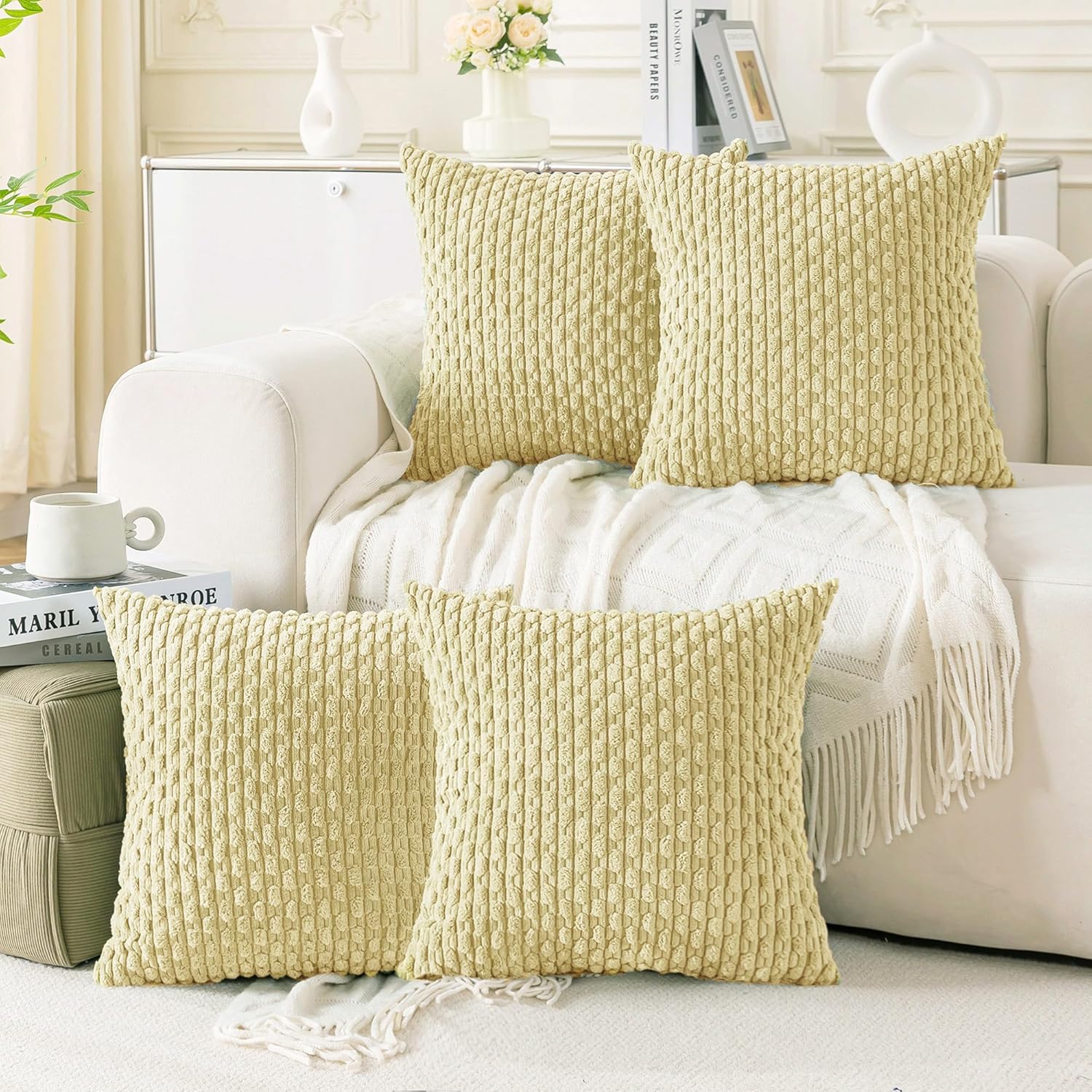 Set of 4 Neutral Decorative Throw Pillow Covers 18x18 Inch Corduroy Pillow Covers for Bed Couch Sofa Living Room Soft Square Cushion Cases