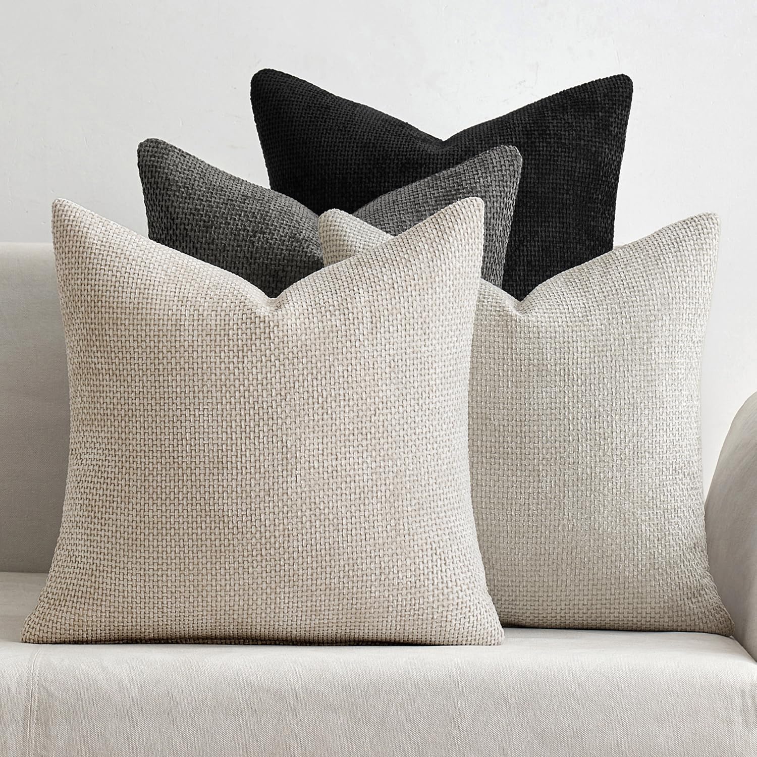 Pack of 4 Couch Throw Pillow Covers 18x18 Inch Neutral Soft Decorative Chenille Pillow Covers Farmhouse Boho Cushion Covers for Mid Century Modern Spring Home Decor Sofa Bedroom Living Room
