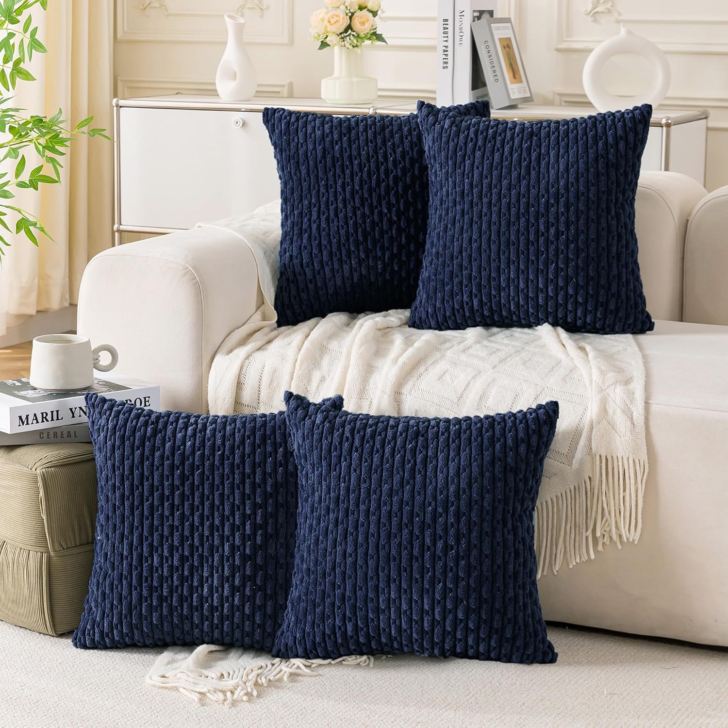 Set of 4 Neutral Decorative Throw Pillow Covers 18x18 Inch Corduroy Pillow Covers for Bed Couch Sofa Living Room Soft Square Cushion Cases