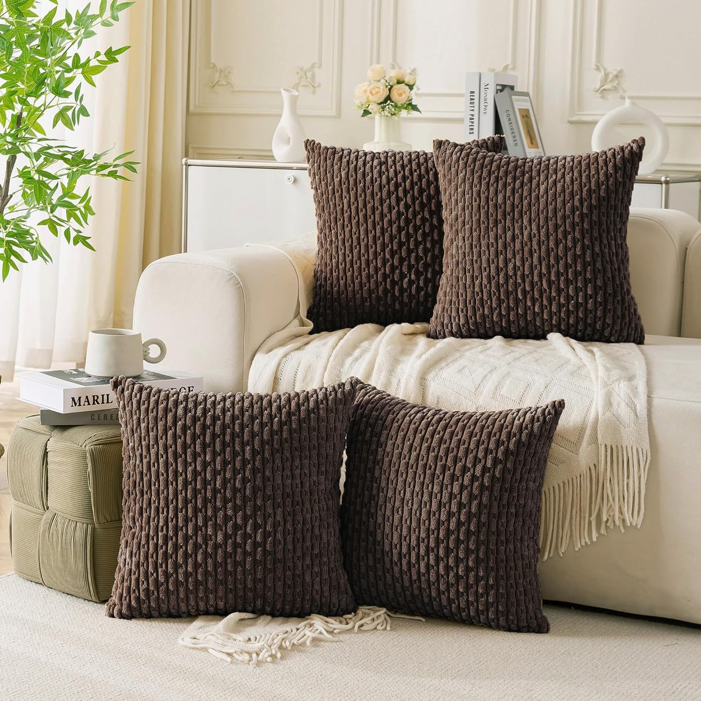 Set of 4 Neutral Decorative Throw Pillow Covers 18x18 Inch Corduroy Pillow Covers for Bed Couch Sofa Living Room Soft Square Cushion Cases