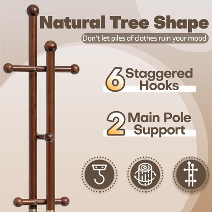 Coat Rack Freestanding, Wooden Coat Tree with 2 Main Rods, Heavy Duty Coat Hanger Stand with 15.75" Dia.Round Base, Walnut Standing Hall Tree for Bedroom Living Room, Clothes Jacket Bag Hat