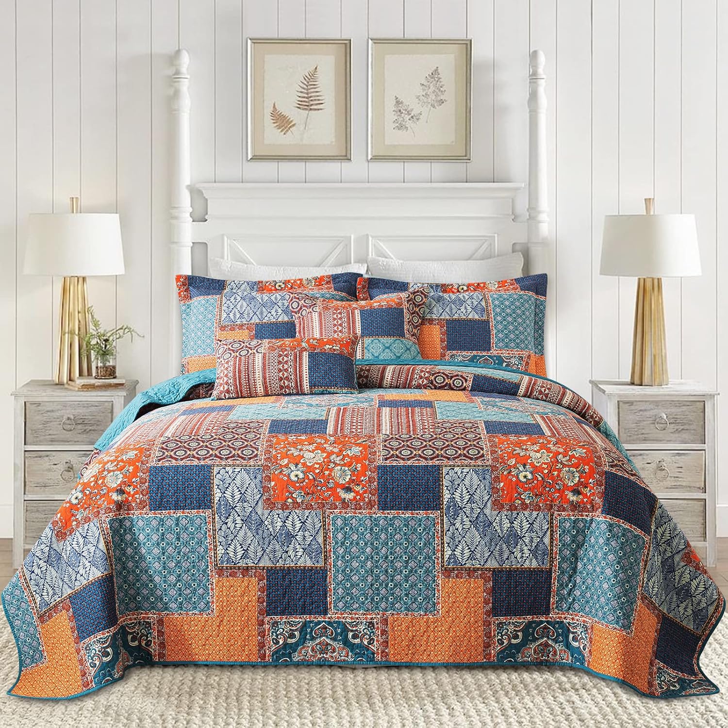Farmhouse Cotton Quilts Queen Size for Fall - Lightweight Patchwork Autumn Bedspread Set for Bed Coverlet - Highly-Woven Soft Reversible Bed Spread for All Seasons (Floral Orange) 3 Pieces