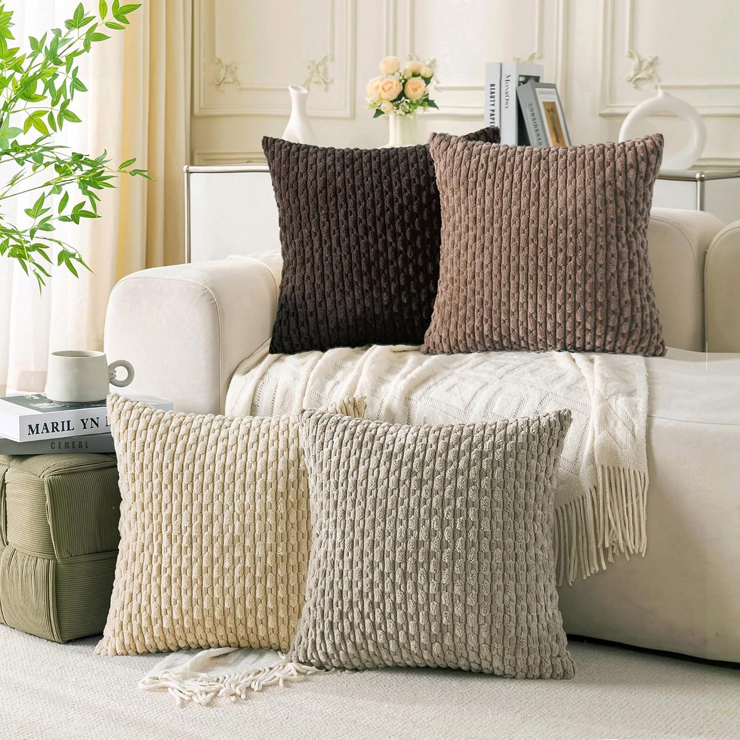 Set of 4 Neutral Decorative Throw Pillow Covers 18x18 Inch Corduroy Pillow Covers for Bed Couch Sofa Living Room Soft Square Cushion Cases