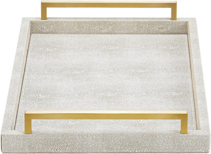 Ivory Shagreen Decorative Tray Large Rectangle Coffee Table Tray for Ottoman Faux Leather Serving Tray with Brushed Gold Handles