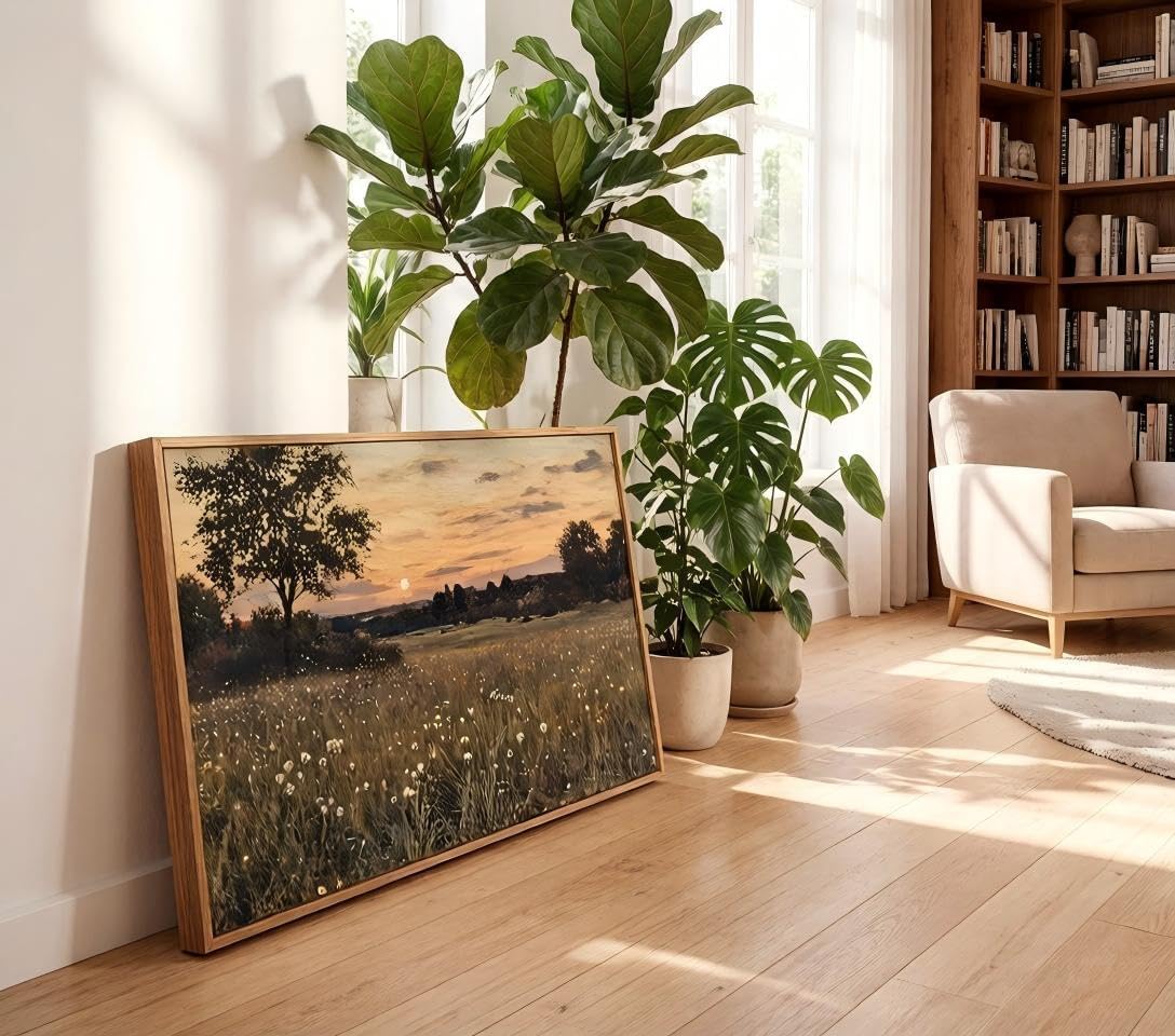 Framed Rustic Farmhouse Wildflowers Wall Art Vintage Wildflower Field Landscape Painting Retro Country Sunset Prints Wall Decor Classical Flower Landscape Painting for Living Room Bedroom 12x16 Inch