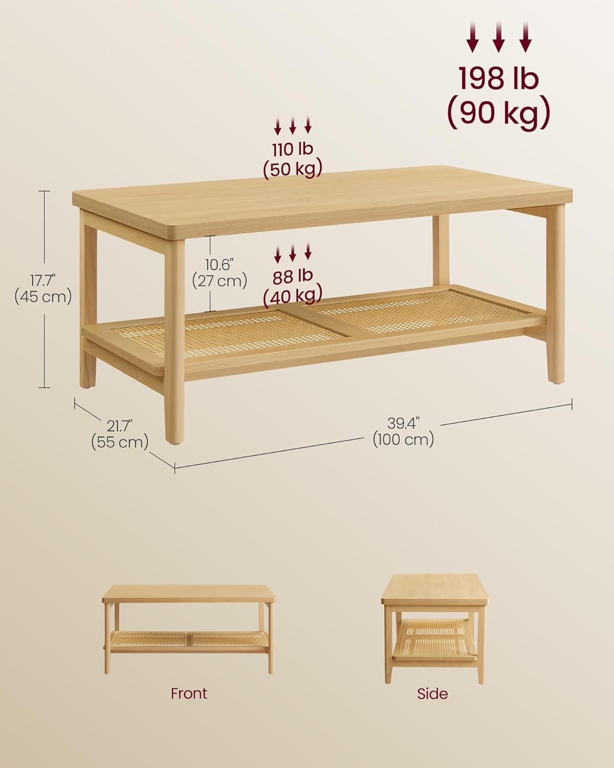 VASAGLE 2-Tier Coffee Table for Living Room, Rectangular Living Room Table, with PVC Rattan Storage Shelf, Rounded Corners, Easy Assembly, Boho Style, 21.7 x 39.4 x 17.7 Inches, Oak Beige ULCT240Y57