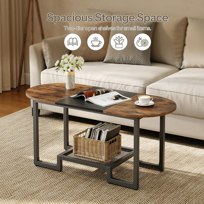 HOOBRO Coffee Table, Oval Small Coffee Table with 2-Tier Storage Shelf, Narrow Modern Center Table for Small Spaces, Living Room, Bedroom, Office, Rustic Brown and Black BFK12KF01