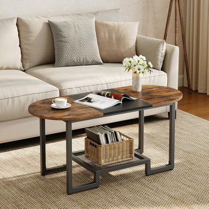 HOOBRO Coffee Table, Oval Small Coffee Table with 2-Tier Storage Shelf, Narrow Modern Center Table for Small Spaces, Living Room, Bedroom, Office, Rustic Brown and Black BFK12KF01