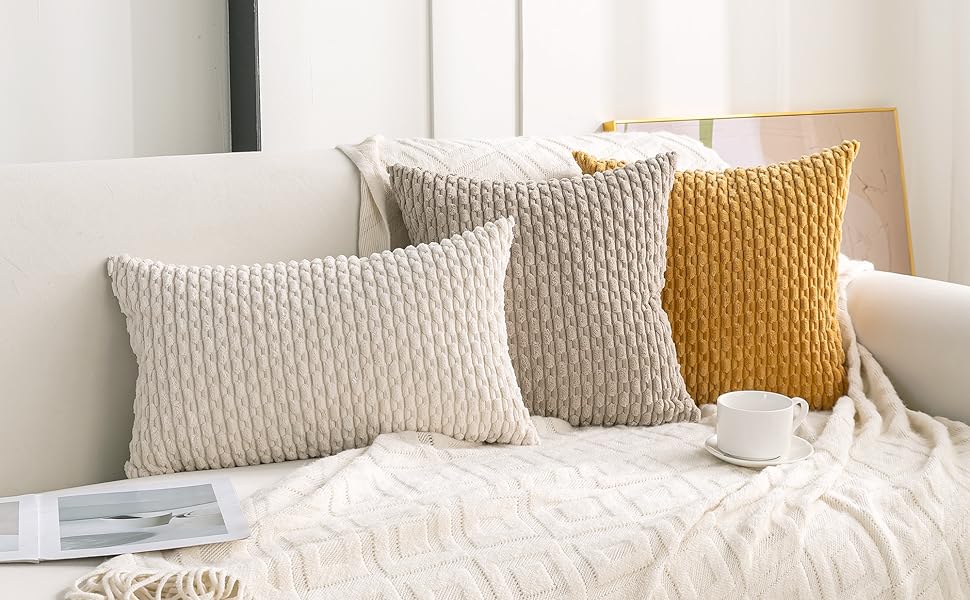 Set of 4 Neutral Decorative Throw Pillow Covers 18x18 Inch Corduroy Pillow Covers for Bed Couch Sofa Living Room Soft Square Cushion Cases